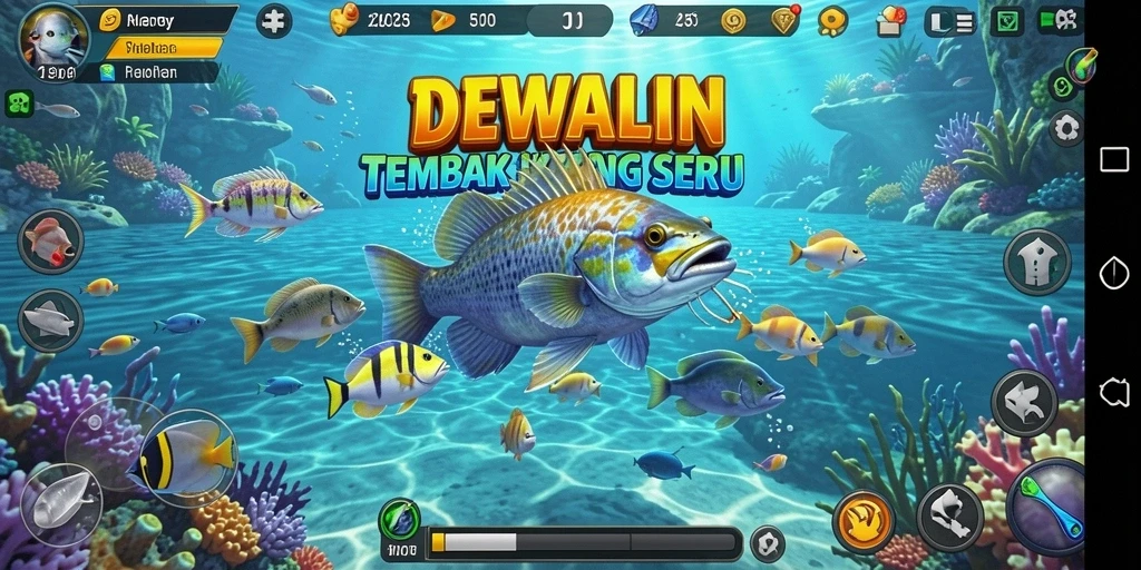 Tampilan gameplay seru dalam DEWALIN, menembak ikan dengan grafis menawan.