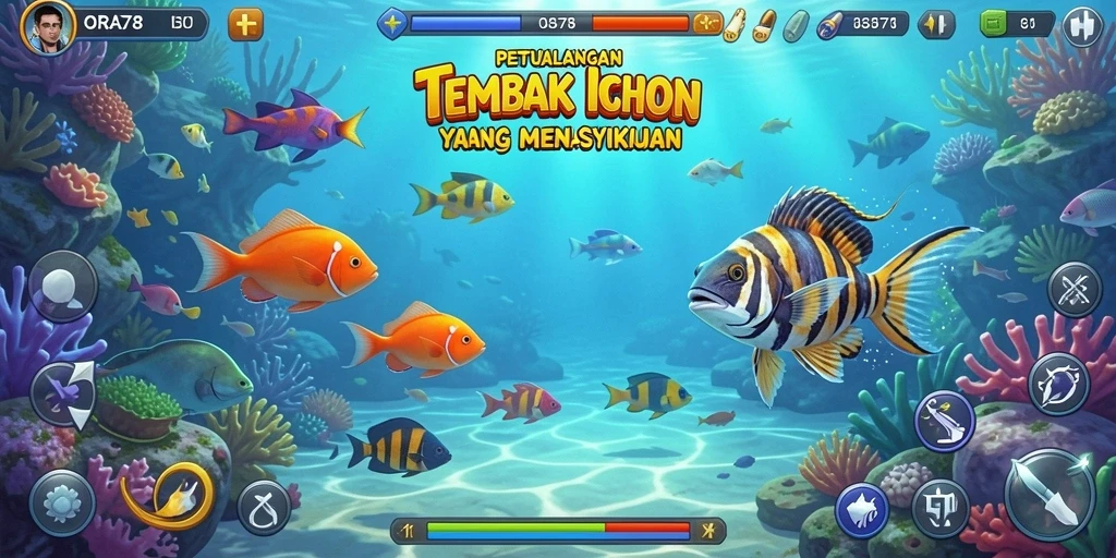 Screenshot gameplay ORA78 menampilkan aksi menangkap ikan yang seru.