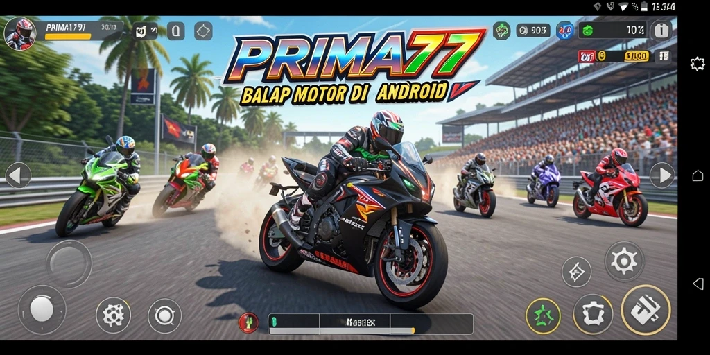 Screenshot gameplay PRIMA77, menampilkan aksi balap motor yang mendebarkan.