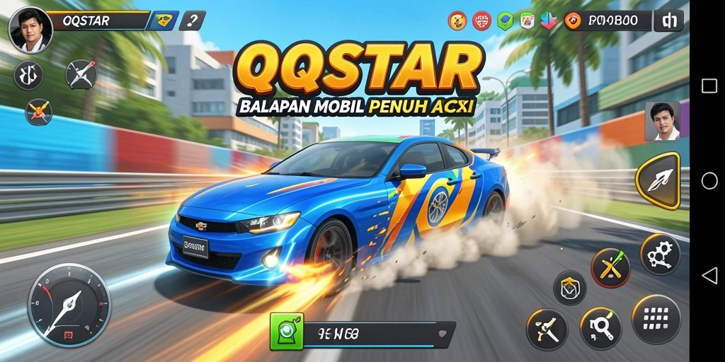 Gameplay QQSTAR yang penuh aksi dengan mobil balapan yang cepat.