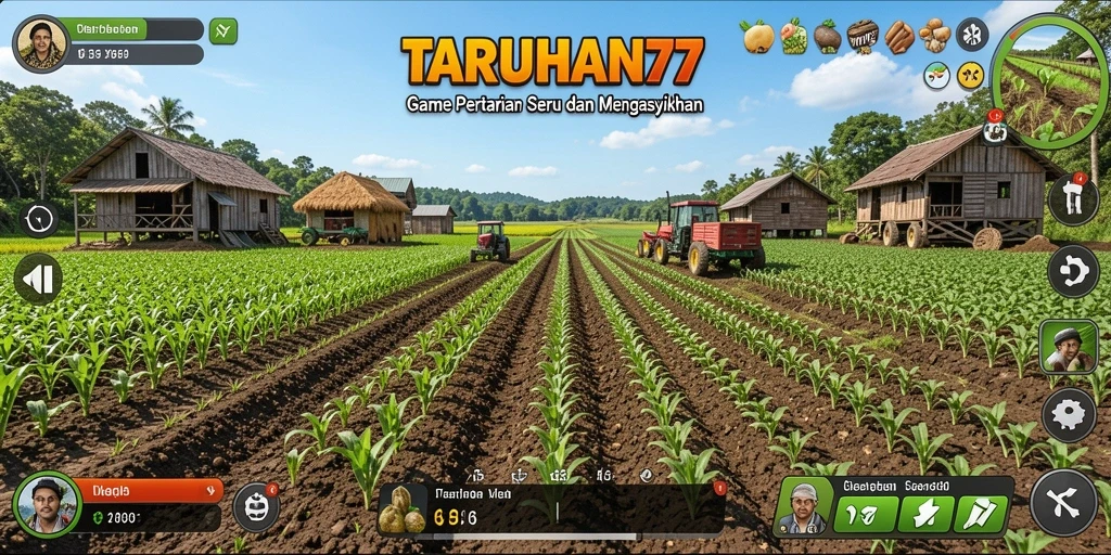 Screenshot gameplay TARUHAN77 menampilkan lahan yang subur dan tanaman yang berkembang.
